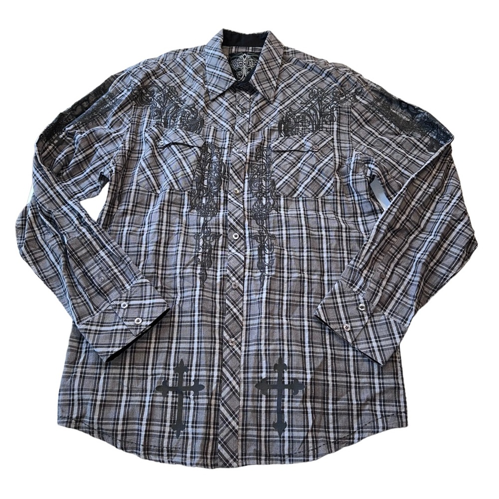 Men’s Roar Shirt Woven Button Embroidered Sense XXL Long Sleeve Plaid Buckle EUC